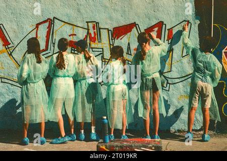 Well Protected School-Kids lernen während eines Workshops am Sonntagnachmittag im Mauerpark, wie man Graffiti kreiert. Berlin, Deutschland. Bild auf analogem, altem Kodak Film. Stockfoto