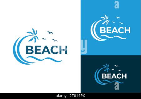 Vektor-Illustration Strand-Logo-Design-Vorlage Coconut Tree Wave Beach Bird Stock Vektor