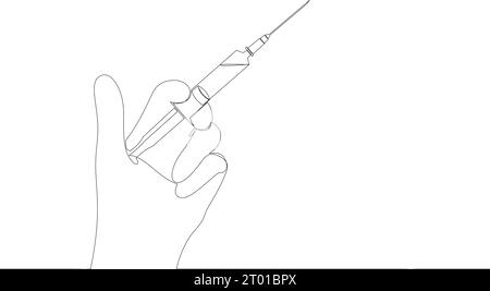 Hand halten Sie die Spritze mit Nadel durchgehend eine Linie. Impfung, Gesundheitsinjektionskonzept in einer Linie gezeichnet. Vektorabbildung Stock Vektor