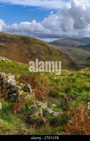 Die Minnigaff Hills vom Pfad entlang des Gairland Burn, Glentrool, Galloway, Schottland Stockfoto