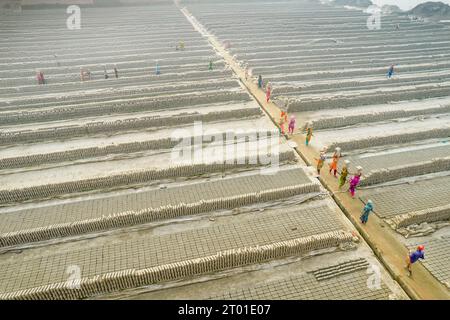 Barishal, Bangladesch. Oktober 2023. Die Arbeiter sind von Millionen von neu geschaffenen Ziegeln in einer Fabrik umgeben. In der Fabrik in Bangladesch wurden die erstaunlich vielen Ziegelsteine in langen Reihen gelagert, die sich so weit das Auge reicht. Luftaufnahmen zeigen, wie Arbeiter die grauen Ziegelsteine durchsuchen, bevor sie in Öfen gebracht werden, um sie fertig zu machen. Arbeiter, die schwer beladene Wagen durch Reihen von Tausenden von Ziegeln schoben, ließen trocknen. Jeder 2 kg schwere Tonziegel wird drei Tage lang in der Sonne getrocknet, bevor er in Öfen gebacken wird. (Foto: Mustasinur Rahman Alvi/SIPA USA) Credit: SIPA USA/Alamy Live News Stockfoto