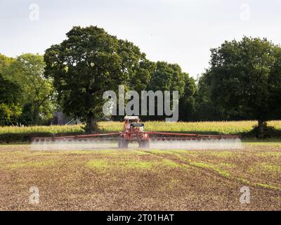 Ein Landwirt, der im Herbst in Woodhouse bei Loughborough, Leicestershire, Großbritannien, Pestizide auf Winterweizen sprüht. Stockfoto