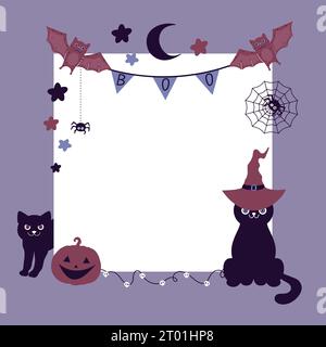 Halloween-Grußkarte mit schwarzen Katzen, Fledermäusen, Spinnen, Kürbis und quadratischem Leerraum. Festlicher Halloween-Rahmen. Vektorabbildung Stock Vektor