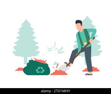 Gärtner mit Schaufel und Müllsack. Flache Vektor-Illustration für Nachhaltigkeit und umweltfreundliche Praktiken Konzeptdesign. Stock Vektor