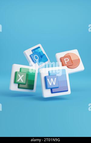 Buenos Aires, Argentinien; 16. September 2023: Dreidimensionale Symbole der Programme im Microsoft Office-Paket. 3D-Abbildung. Stockfoto