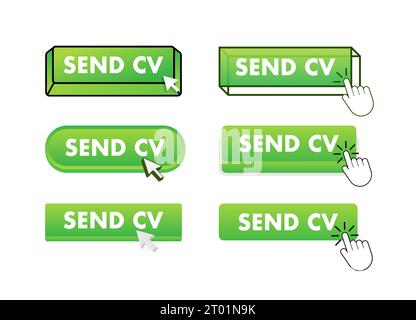 Schaltfläche „CV senden“ mit Mausklick. Web-Schaltflächen für „CV senden“ eingestellt. Benutzeroberflächenelement in abgewickelter Ausführung. Abbildung des Vektormaterials Stock Vektor