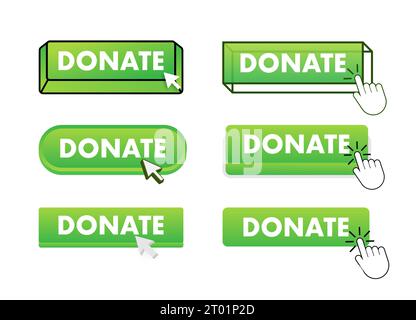 Schaltfläche Spenden mit Mausklick. Set mit Webschaltflächen spenden. Benutzeroberflächenelement in abgewickelter Ausführung. Abbildung des Vektormaterials Stock Vektor