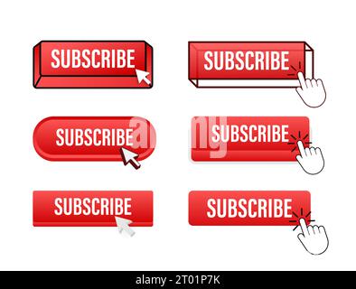Schaltfläche „Abonnieren“ mit Mausklick. Webschaltflächen abonnieren. Benutzeroberflächenelement in abgewickelter Ausführung. Vektorabbildung Stock Vektor