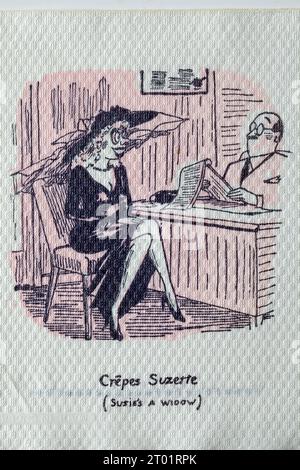 1950er Jahre Cartoon Serviette - französischer Witz - Crepe Suzette Stockfoto