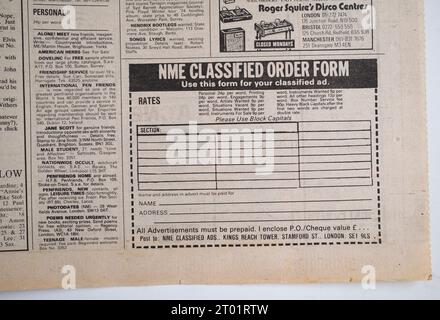 Werbung für Kleinanzeigen in der Ausgabe der 1970er Jahre von NME New Musical Express Music Paper Stockfoto