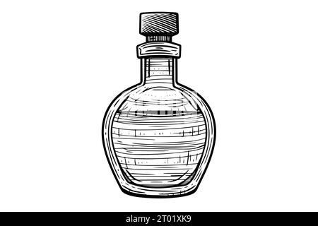 Flasche mit Holzstopfen handgezeichnete Tintenskizze. Vektorillustration mit Gravur. Stock Vektor