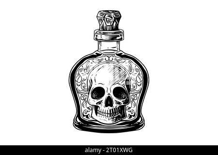 Halloween-Flasche mit Schädel in handgezeichneter Tuschenskizze. Vektorillustration mit Gravur. Stock Vektor