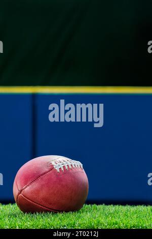 Ein flacher Blick auf einen Pro American Football aus Leder, der auf einem Kunstrasen eines Stadions sitzt, mit einer blau gepolsterten Wand im Hintergrund. Stockfoto