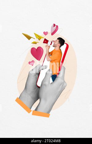 Kreative Trendcollage von Händen halten Telefon Bildschirm Ansage Lautsprecher Herz Papier Flugzeug Nachricht Social Media seltsam bizarr ungewöhnlich Stockfoto