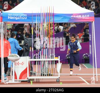 Hangzhou, China. Oktober 2023. Hangzhou, Zhejiang, China: Asian Games, Indiens Annu Rani sicherte sich eine Goldmedaille in der Medaille in Javelin Throw Credit: Seshadri SUKUMAR/Alamy Live News Stockfoto