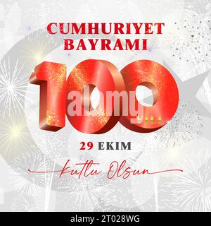 Türkischer Text, Cumhuriyet Bayrami bedeutet Tag der Republik, Kutlu olsun - alles Gute zum Geburtstag. 29 Ekim - 29. Oktober. 100 yili, 100 Jahre. Grußkartendesign für Stock Vektor