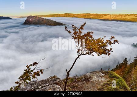 Der Lac de Moron im Neuchâtel Jura unter dem Meer von ​​fog. Stockfoto