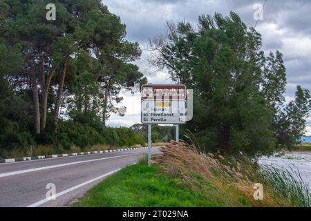 Valencia, Spanien – 8. Januar 2023 – Straße in Richtung Alicante durch den Naturpark Albufera mit hohen Bäumen und das Seeufer in der Nähe von Valencia, Stockfoto