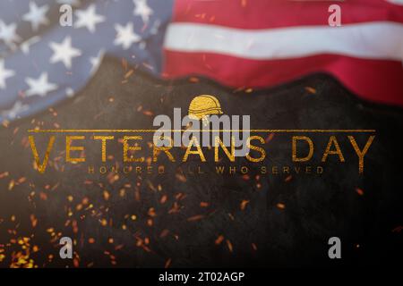 Veteranen-Tagestext mit dem Satz „Ehren alle, die gedient haben“. Handgezeichnetes Typografie-Design mit Schriftzügen. Kalligraphische Inschrift des USA Veterans Day. Stockfoto