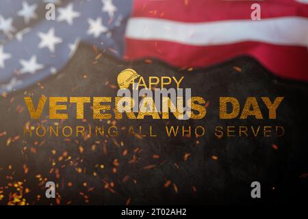 Veteranen-Tagestext mit dem Satz „Ehren alle, die gedient haben“. Handgezeichnetes Typografie-Design mit Schriftzügen. Kalligraphische Inschrift des USA Veterans Day. Stockfoto