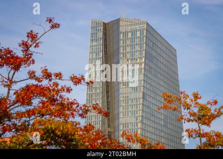 Die Europäische Zentralbank EZB im Herbst das Gebäude der Europäischen Zentralbank EZB im Frankfurter Osthafengebiet ragt zwischen herbstlich bunt verfärbten Bämen hervor. Frankfurt am Main Osthafen Hessen Deutschland *** die Europäische Zentralbank EZB im Herbst fällt das Gebäude der Europäischen Zentralbank EZB in Frankfurts Osthafen zwischen bunten Herbstbäumen hervor Frankfurt am Main Osthafen Hessen Deutschland 2023-10-02 ffm ezb 02 Credit: Imago/Alamy Live News Stockfoto