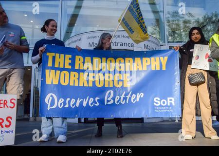 London, Großbritannien. Oktober 2023. Streik vor dem Universitätskrankenhaus, während Röntgenassistenten einen neuen Streik über die Bezahlung veranstalten. Quelle: Vuk Valcic/Alamy Live News Stockfoto