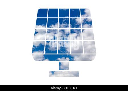 3D-Illustration Solarpaneele isoliert auf weißem Hintergrund. Set Solarpaneele mit Reflexion schöner blauer Himmel. Konzept der erneuerbaren Energien. Stockfoto