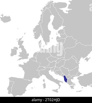 Blaue CMYK-Nationalkarte ALBANIENS innerhalb einer vereinfachten grauen leeren politischen Karte des europäischen Kontinents auf transparentem Hintergrund mit Mercator-Projektion Stock Vektor