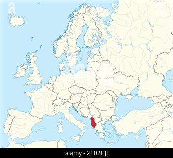Rote CMYK-Nationalkarte ALBANIENS im Inneren detaillierte beige leere politische Karte des europäischen Kontinents mit Flüssen und Seen auf blauem Hintergrund mit Mercat Stock Vektor