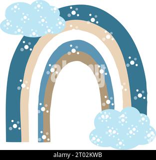 Kinder-Regenbogen im Boho-Stil niedliche Illustration in Pastellfarben mit blauen Wolken. Posterbroschüre für Kinderzimmer Stock Vektor