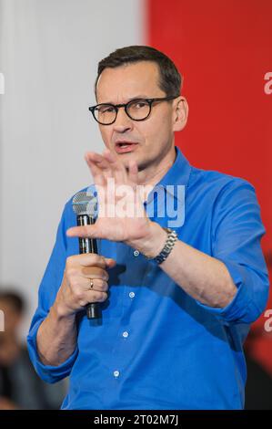 LUBIN, POLEN - 29. SEPTEMBER 2019: Premierminister der Regierung Mateusz Morawiecki während des Wahltreffens mit den Stadtbewohnern. Stockfoto