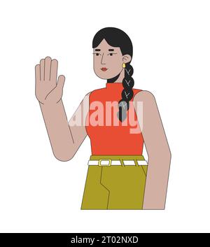 Winkende hübsche indische Frau mit langer, geflochtener 2D-Zeichentrickfigur Stock Vektor