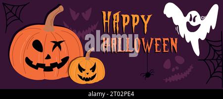 Happy Halloween Banner oder Party Einladung Hintergrund mit Wolken, Fledermäusen und Kürbissen im Papierschnitt Stil. Vektorabbildung. Vollmond am orangefarbenen Himmel, Stock Vektor