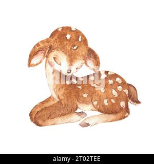 Little Deer Sleeping Watercolor, Fawn Watercolor Illustration, Forest Animals Illustration Stockfoto