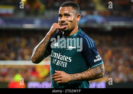 Linse, Frankreich. Oktober 2023. Gabriel JESUS von Arsenal feiert sein Tor während des Gruppenspiels der UEFA Champions League zwischen RC Lens und Arsenal FC am 3. Oktober 2023 im Bollaert-Delelis Stadium in Lens, Frankreich. (Kreditbild: © Matthieu Mirville/ZUMA Press Wire) NUR REDAKTIONELLE VERWENDUNG! Nicht für kommerzielle ZWECKE! Quelle: ZUMA Press, Inc./Alamy Live News Stockfoto