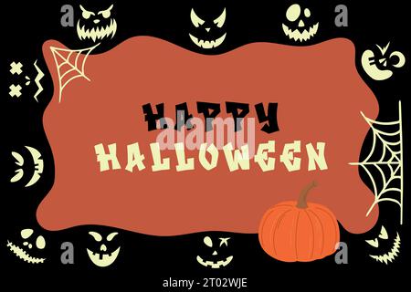 Fröhliches Halloween Banner oder Party Einladung Hintergrund mit Nachtwolken und Kürbissen im Papierschnitt Stil. Vektorabbildung. Vollmond am Himmel, Sp Stock Vektor