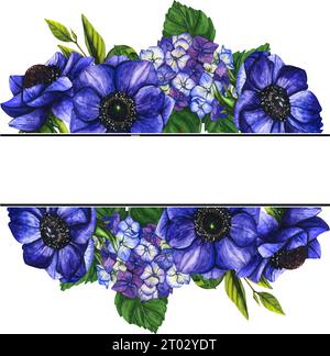 Vektor-Illustration der Blumenkomposition, des Rahmens, des Musters, des Straußes für Grußkarte, Hintergrund oder Flyer. Blumen violette Anemone und Hortensie. März Stock Vektor