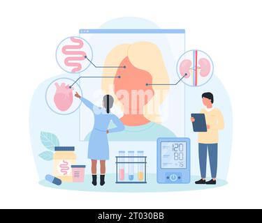 Bedingungen für gesunde Haut Vektor Illustration. Cartoon Tiny People erforschen den Einfluss der Darm-, Herz- und Nierengesundheit auf die Haut mit Hilfe medizinischer Infografik Anatomie-Diagramm mit Organen, Modell des weiblichen Kopfes Stock Vektor