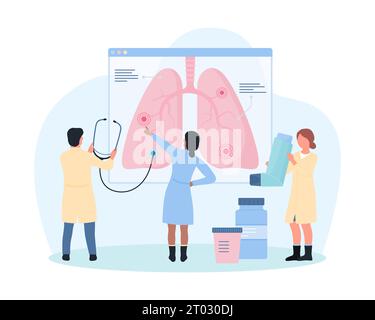 Untersuchung von Lungenerkrankungen, pulmonologische Vektorillustration. Cartoon winzige Ärzte oder Studenten mit Stethoskop, die detaillierte Infografik-Anatomiediagramm mit menschlichen Organen analysieren, Menschen erforschen Lungen Stock Vektor