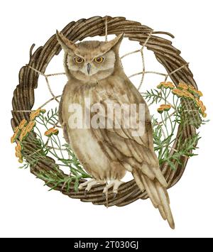 Eine Eule sitzt in einem runden Herbstkranz. Aquarellillustration eines Nachtvogels auf einem Zweig mit tansy-Blüten und Blättern. Handgezeichnete Clipart auf isoliertem Hintergrund. Dekor und Muster im Vintage-Herbst. Stockfoto