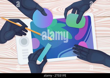 Erstellung und Design von Grafiken mit KI-Vektorillustration. Cartoon Roboter Hände halten Pinsel, Kreide und Radiergummi zum Zeichnen auf einem Grafiktablett, Draufsicht der Bildgenerierung durch künstliche Intelligenz Stock Vektor