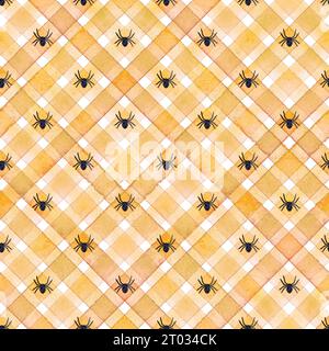 Nahtloses Muster mit Wasserfarbenstreifen und Karomuster. Hintergrund mit orangefarbenen Streifen. Aquarellfarben mit handgezeichneter gestreifter Textur. Halloween-Print für Stoffdesign, Textil Stockfoto