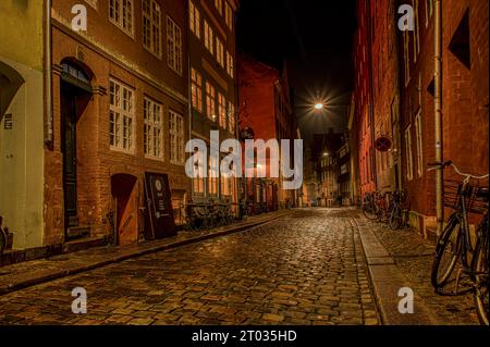 Enge Gasse bei Nacht mit einer Straßenlaterne, die sich im Kopfsteinpflaster spiegelt, Dänemark, Kopenhagen, 2. Oktober 2023 Stockfoto