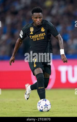 Neapel, Italien. Oktober 2023. Vinicius Junior von Real Madrid CF während des Champions League Gruppe C Spiels zwischen SSC Napoli und Real Madrid CF im Stadio Diego Armando Maradona am 3. Oktober 2023 in Neapel Credit: Giuseppe Maffia/Alamy Live News Stockfoto