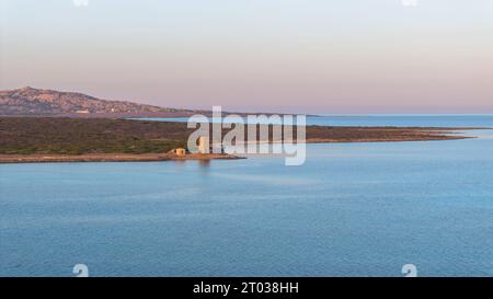 Luftbild der Insel Isola Piana in der Nähe von Stintino und des Strandes von Spiaggia La Pelosa. Bergige Insel, blaues Wasser und klarer Himmel. Nordwest p Stockfoto