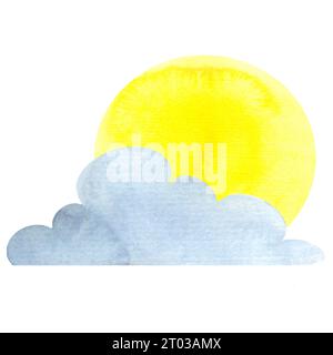 Sonne und Wolken in Aquarell gemalt, isolierte Illustration himmlischer Phänomene Stockfoto