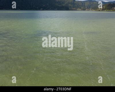 Grüne Wasserfarbe des Furnassees, verursacht durch Eutrophierung, auf der Insel Sao Miguel auf den Azoren Stockfoto