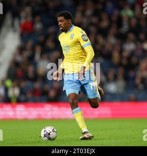 West Bromwich, Großbritannien. Oktober 2023. Tyreeq Bakinson, der am 3. Oktober 2023 im Rahmen des EFL Sky Bet Championship-Spiels zwischen West Bromwich Albion und Sheffield Wednesday in den Hawthorns in West Bromwich, England, gespielt wurde. Foto von Stuart Leggett. Nur redaktionelle Verwendung, Lizenz für kommerzielle Nutzung erforderlich. Keine Verwendung bei Wetten, Spielen oder Publikationen eines einzelnen Clubs/einer Liga/eines Spielers. Quelle: UK Sports Pics Ltd/Alamy Live News Stockfoto