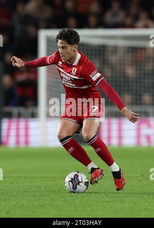 Middlesbrough, Großbritannien. Oktober 2023. Hayden Hackney von Middlesbrough in Aktion während des Sky Bet Championship Matches Middlesbrough gegen Cardiff City im Riverside Stadium, Middlesbrough, Vereinigtes Königreich, 3. Oktober 2023 (Foto: Nigel Roddis/News Images) in Middlesbrough, Vereinigtes Königreich am 10. März 2023. (Foto: Nigel Roddis/News Images/SIPA USA) Credit: SIPA USA/Alamy Live News Stockfoto