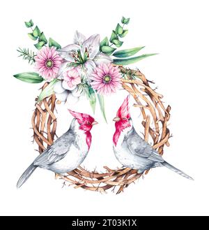 Aquarellvögel mit Blumen. Roter Kardinalvogel, Blumensträuße und Kränze auf weiß. Vögel und Blumen handgezeichnet isoliert. Kompositionen mit Vögeln für ca. Stockfoto